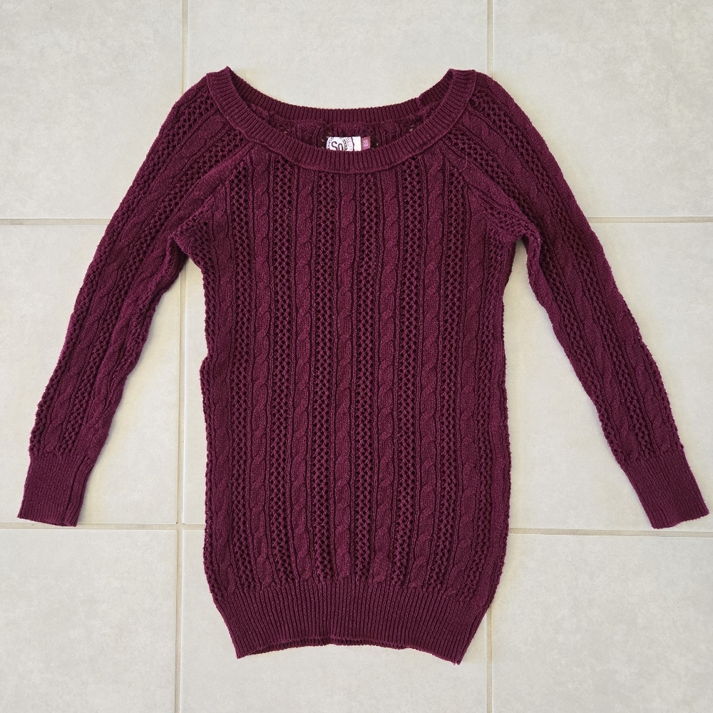 SO Women Size XS Maroon Burgundy Cable Knit Pullover Sweater 3/4 sleeve mesh